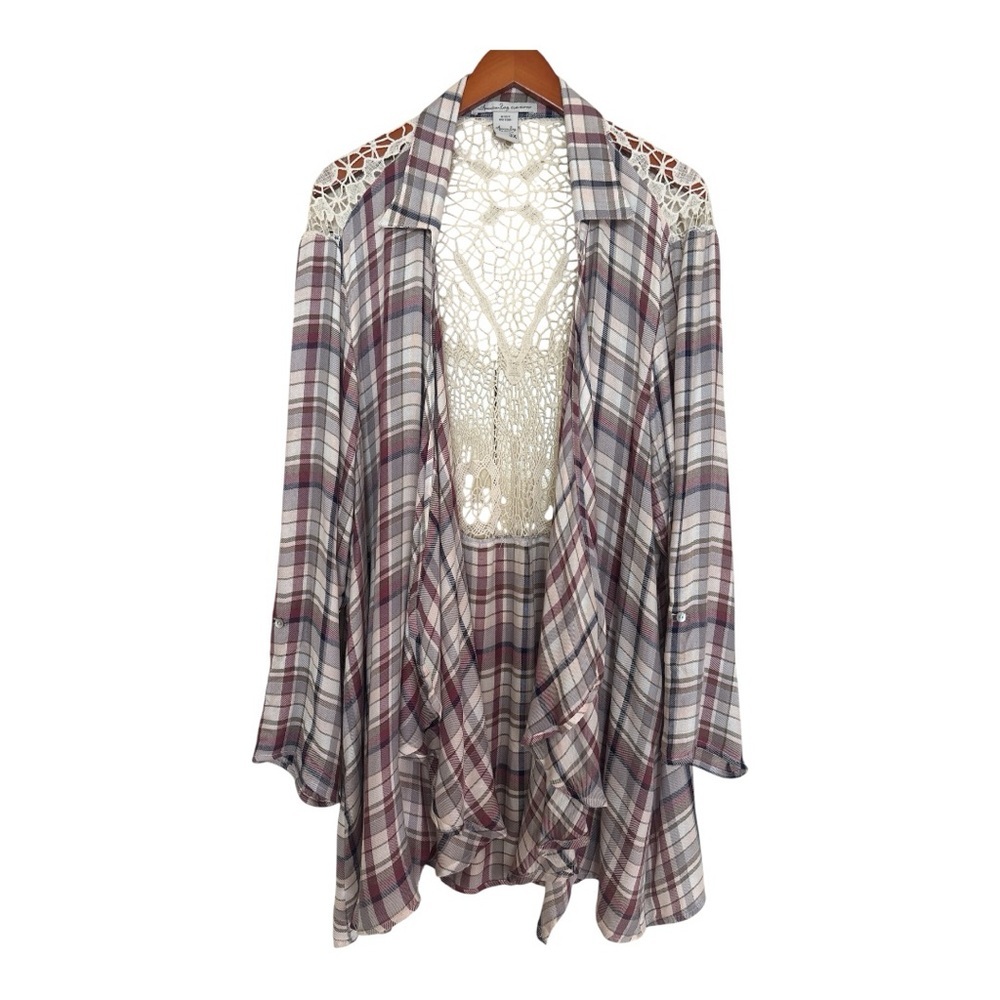 American Rag Purple Plaid Blouse with Crochet Accents